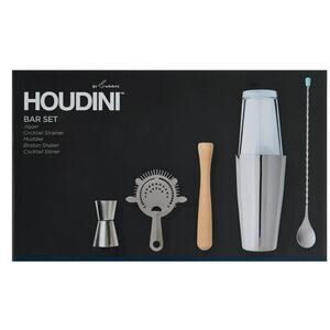 NICE Houdini 5 Piece Bar Set Stainless Tin Wood Essential Mixology Cocktails NEW